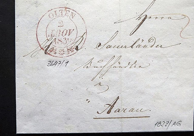 Buchhändler H.R. Sauerländer in Aarau war Adressat des Briefes.

