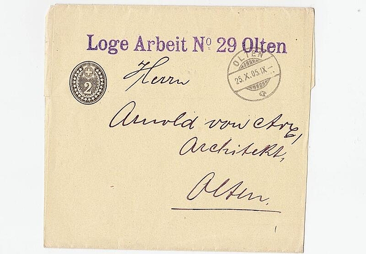 Am 25. Oktober 1905 in Olten abgestempeltes Zeitungsband für Architekt Arnold von Arx. (Bild: ZVG)