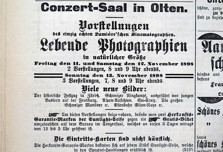 Vorstellung des Lumière’schen Kinematographen 1898 durch die Firma Sunlight / Helvetia Seifen. (Bild: ZVG)

