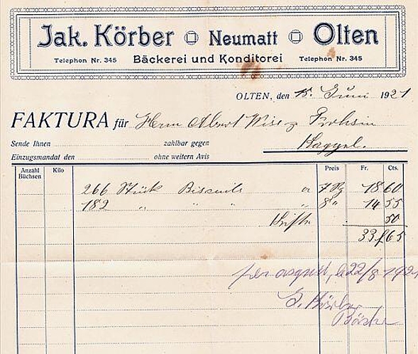 Rechnung der Bäckerei Jakob Körber von 1921 für eine Lieferung Biscuits.
