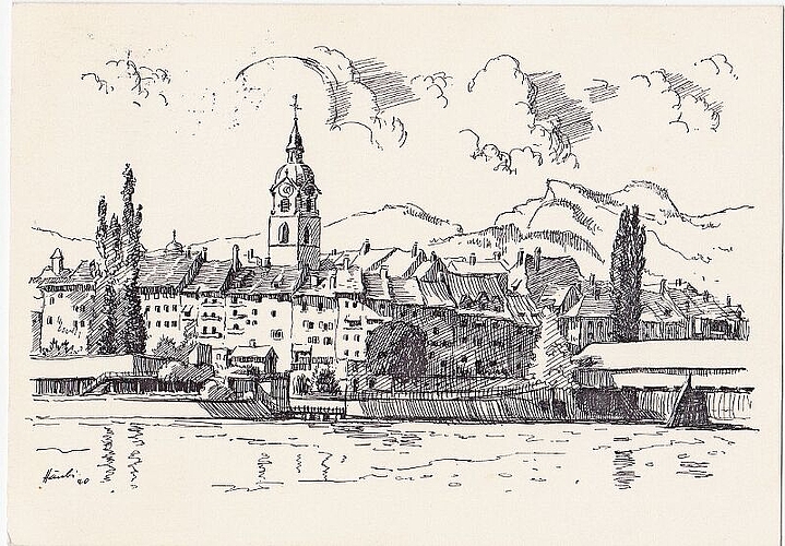 Albert Häubi schuf eine Federzeichnung von der Oltner Altstadt, welche dann als Ansichtskarte gedruckt wurde. (Bilder: ZVG)
