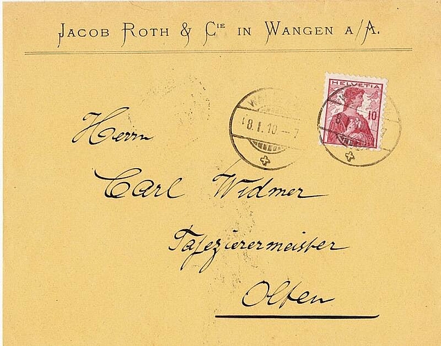 Brief von 1910 an Tapezierermeister Carl Widmer. Der Absender Jacob Roth, der ein Araberpferd im Firmenlogo führte, lieferte Rosshaar für Matratzen.