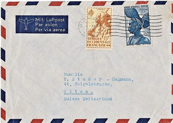 Vorder- und Rückseite des Luftpost-Briefcouverts von Willy Studer, Dakar, an seine Eltern an der Feigelstrasse in Olten vom 12. November 1948 mit Briefmarken von Französisch-Westafrika.