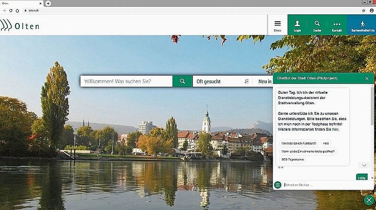 Der neue virtuelle Assistent «ChatBot» soll dabei helfen, Informationen auf der Webseite der Stadtverwaltung Olten leichter aufzufinden (Bild: ZVG/sko)