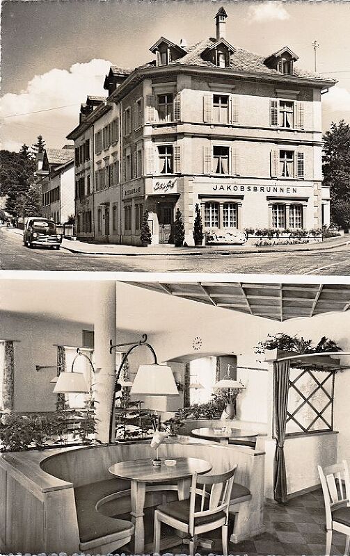 Werbekarte für das Café-Restaurant Jakobsbrunnen um 1960 mit Fotos von Josef Bolz.
