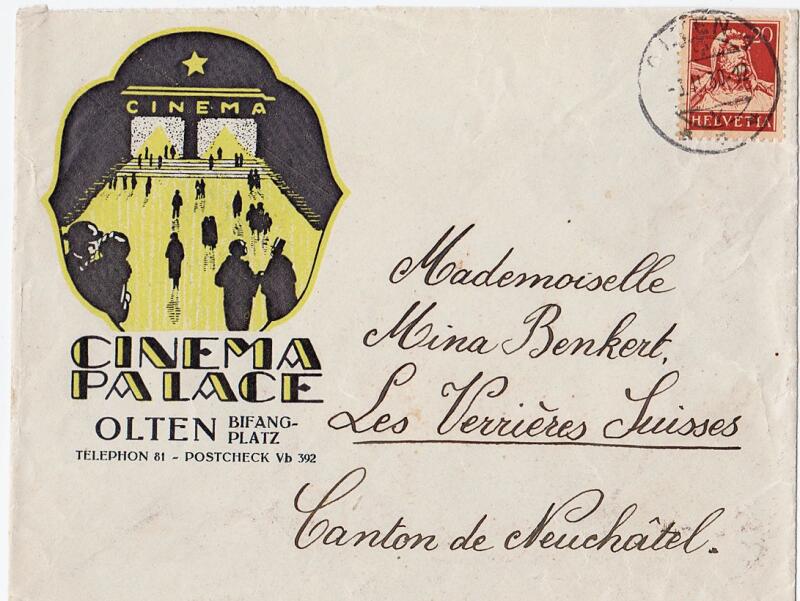 Das Publikum strömte 1930 in das hellerleuchtete Kino «Cinema Palace». Briefumschlag an Mina Benkert in Les Verrières. (Bild: ZVG)