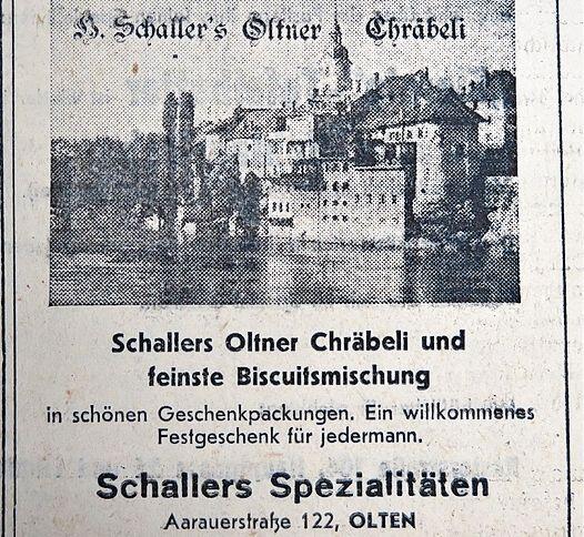 Im Inserat warb die Bäckerei Hans Schaller für ihre Oltner Chräbeli.
