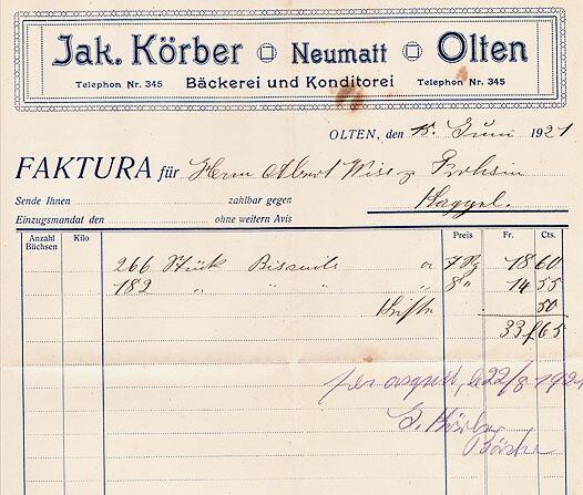 Rechnung der Bäckerei Jakob Körber von 1921 für eine Lieferung Biscuits.